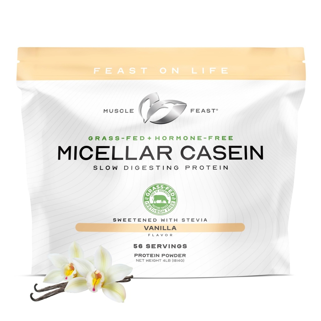 Poudre de protéines de caséine Micellar de féverole de féverole, pâturage élevé et sans hormones, protéines de caséine à digestion lente - soutient la récupération musculaire nocturne, poudre de protéines sans gluten - Vanille, 4lb
