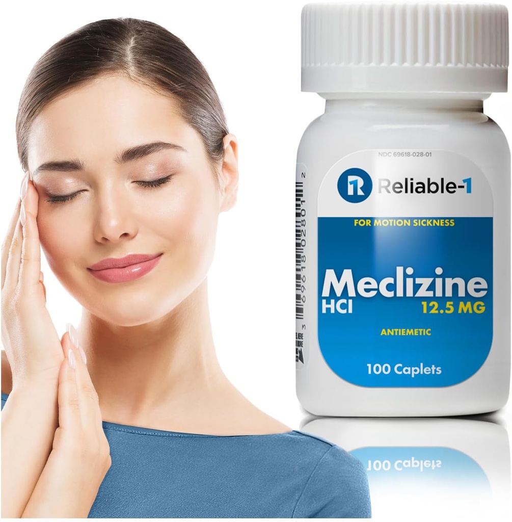Laboratoires Reliable-1 Caplets de la méclizine HCL 12,5 mg - Prévenir les nausées, les vomissements et les étourdissements causés par la maladie du mouvement (100 Caplets, 1 bouteille)