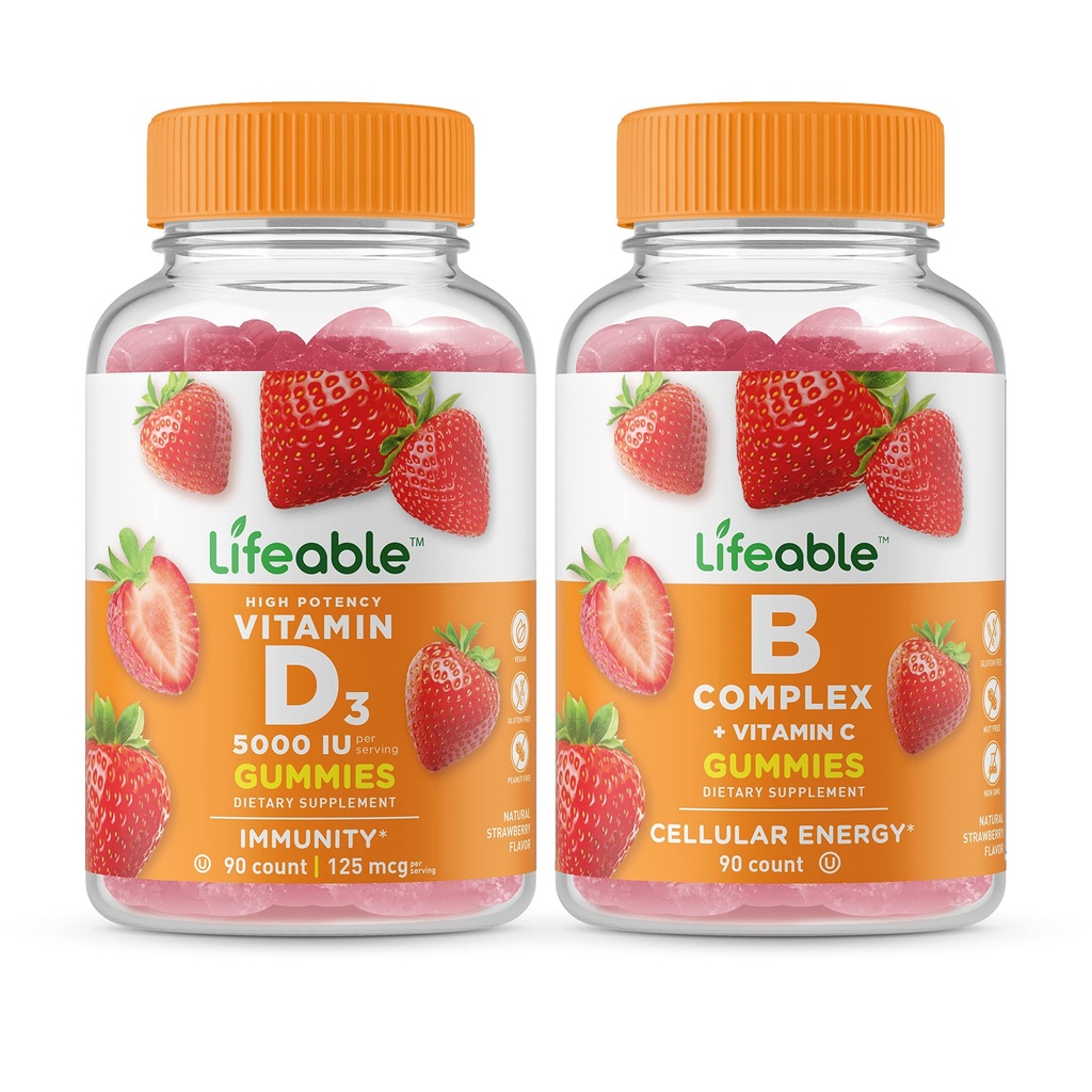 Lebensfähiges Vitamin D 5000 IU + B Complex, Gummie Bundle - Große Verkostung, Vitamin-Ergänzung, Glutenfrei, GVOfrei, Kaugummi