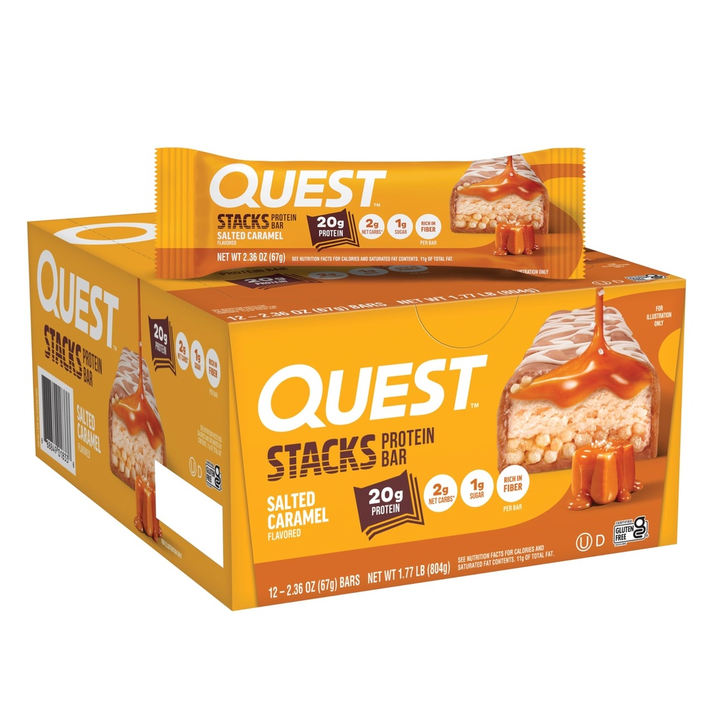 Quest Nutrition Stacks Protein Bars, Salted Caramel Flavor, 20g Protein, 2g Net Carbs, 1g Sugar, High Fiber, Low Sugar, Gluten Free, 12 Count