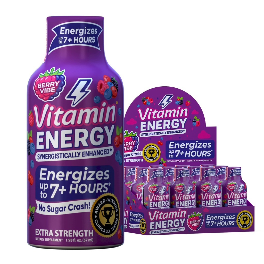 Vitamin Energy Mood+ Extra Strength Energy Shot Tropical Berry 12 Pack, 260mg Natural Caffeine, B-Vitamins, Rhodiola, Camomilla, Mood & Energy Support, Zero Sugar, Gluten-Free, Vegan, 1.93 fl oz