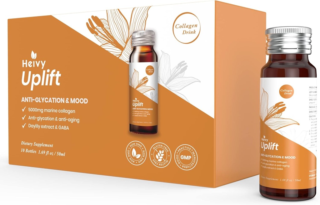 Supplément de collagène liquide Heivy, boisson de collagène, peptides de collagène, défiant l'âge et éclaircissant votre journée, beauté sans âge, collagène hydrolysé, avec CoQ10, 1,69 fl.oz./bouteille (1 boîte, 10 bouteilles)