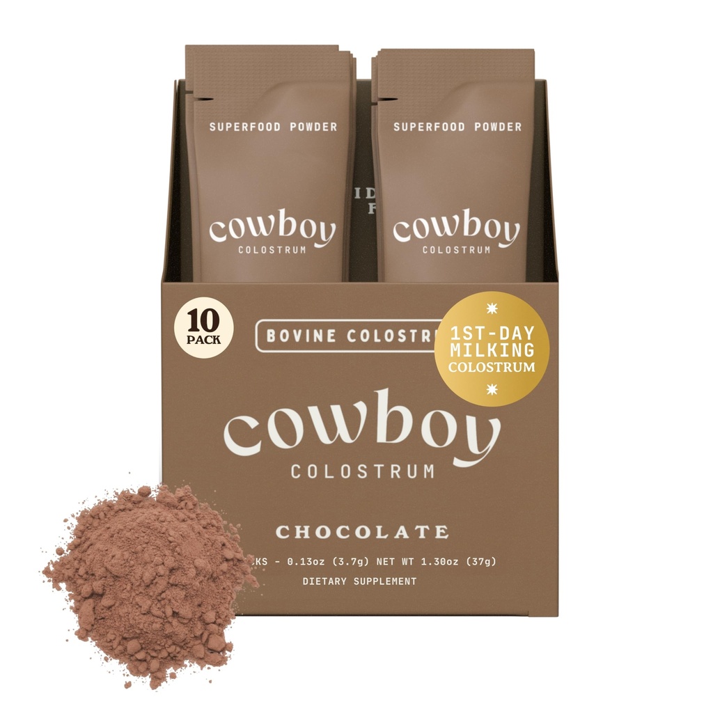 Cowboy - The Exclusive 1st Milking, Whole, Grass Fed Colostrum Supplement for Full Body Health - Bovine Colostrum Powder Packed w/Bioactive Nutrients (10 Travel Packs - Chocolate)