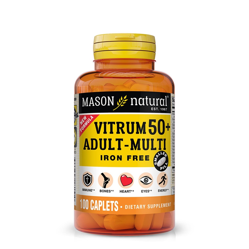 MASON NATURAL Vitrum 50 + Adult-Multi, Iron Free - Vitamins A C D E K B, Folate, Calcium, Iron, Zinc, Potassium, Magnesium, 100 Tablets