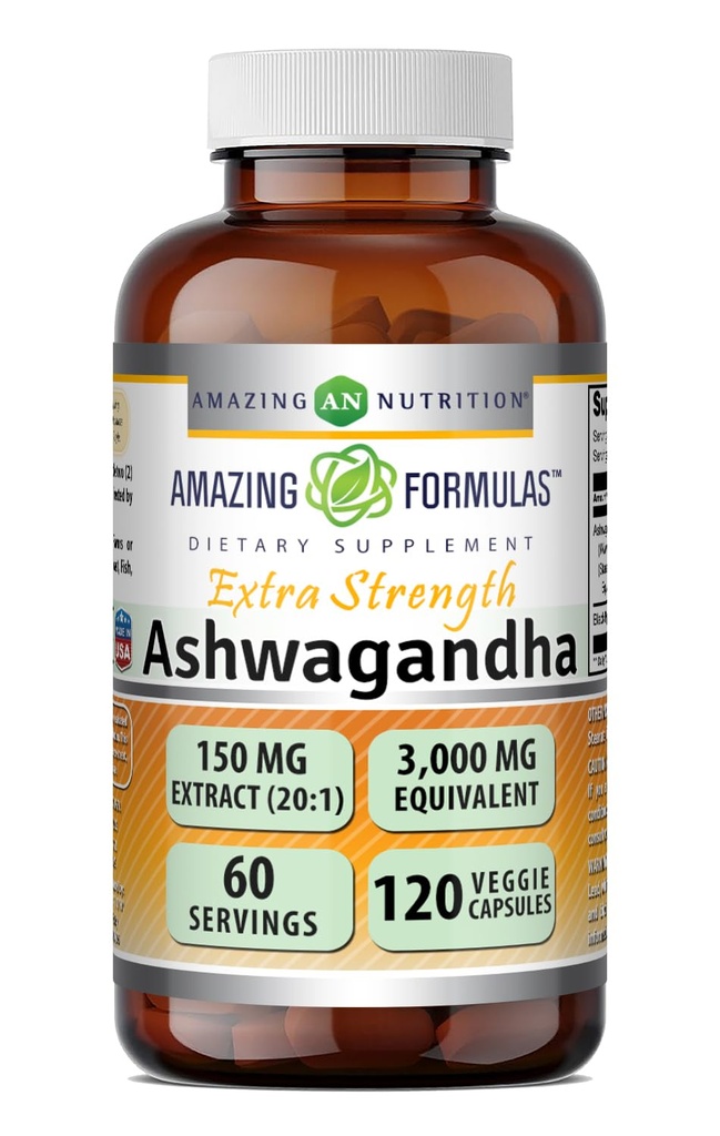 Erstaunliche Formeln Ashwagandha Extrakt Ergänzung | 150 Mg Extrakt (20:1) | Äquivalent zu 3.000 Mg | Veggie Kapseln | Non-GMO | Glutenfrei | Made in USA (1 Pack | 120 Count)