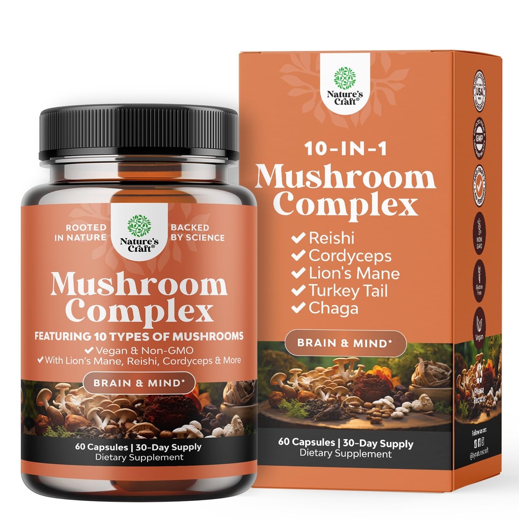 Advanced Mushroom Complex Capsules - 10X Lions Mane Supplement Capsules mit Reishi, Chaga, Maitake & Shiitake für Gehirn-Gesundheits-Memory-Unterstützung & Fokus - Nootropic for Mental Clarity - 60 Caps