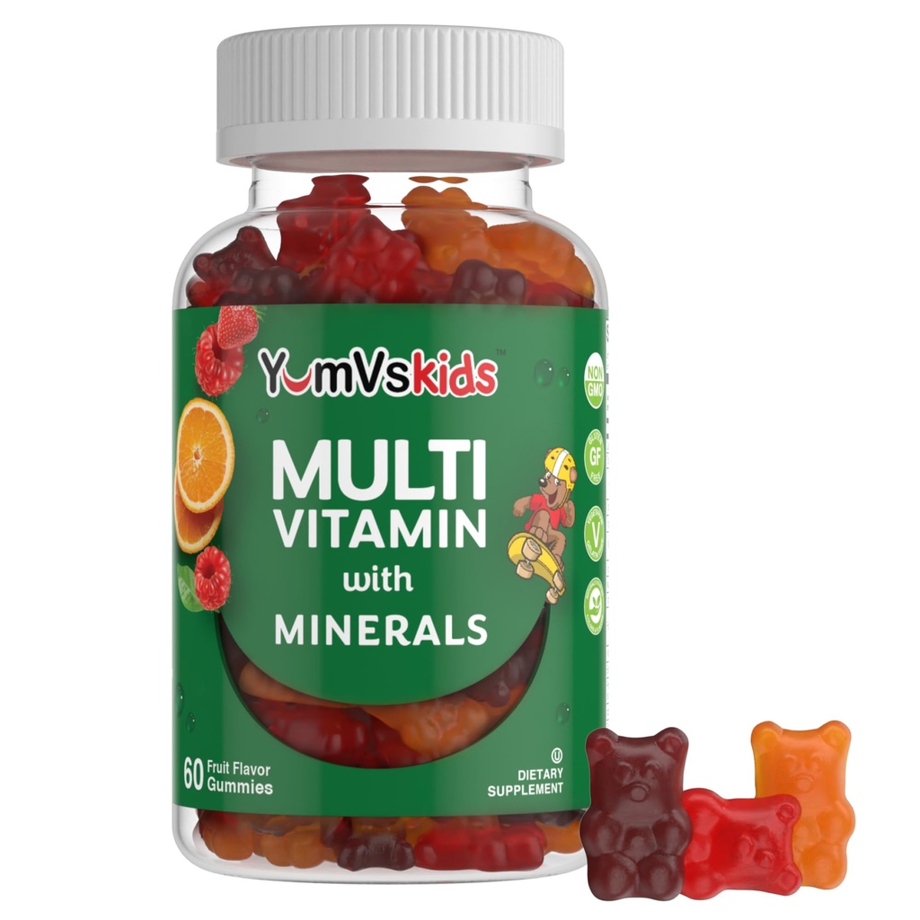 YumVs Kids Multivitamin Gummie - Frucht Flavored Chewable Kinder Multivitamin - Kinder Vitamine Multivitamin Gummy mit 12 Mineralien & Vitamine A C D3 E B6 B12 - Kosher Halal Gluten Free (60 Count)