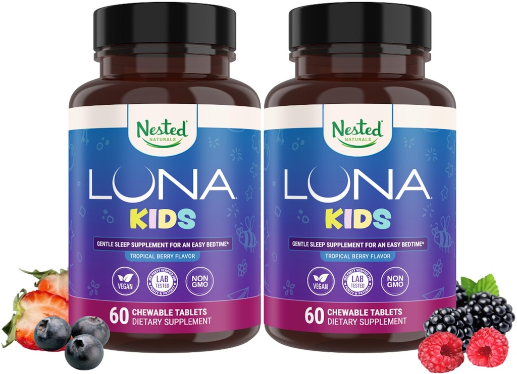 Nested Naturals Luna Kids Sleep Aid Tablets for Children 4+ - Ingrédients naturellement d'origine - Doux, supplément à base de plantes avec camomille, mélatonine, baume valérian et citron - 120 comprimés à croquer