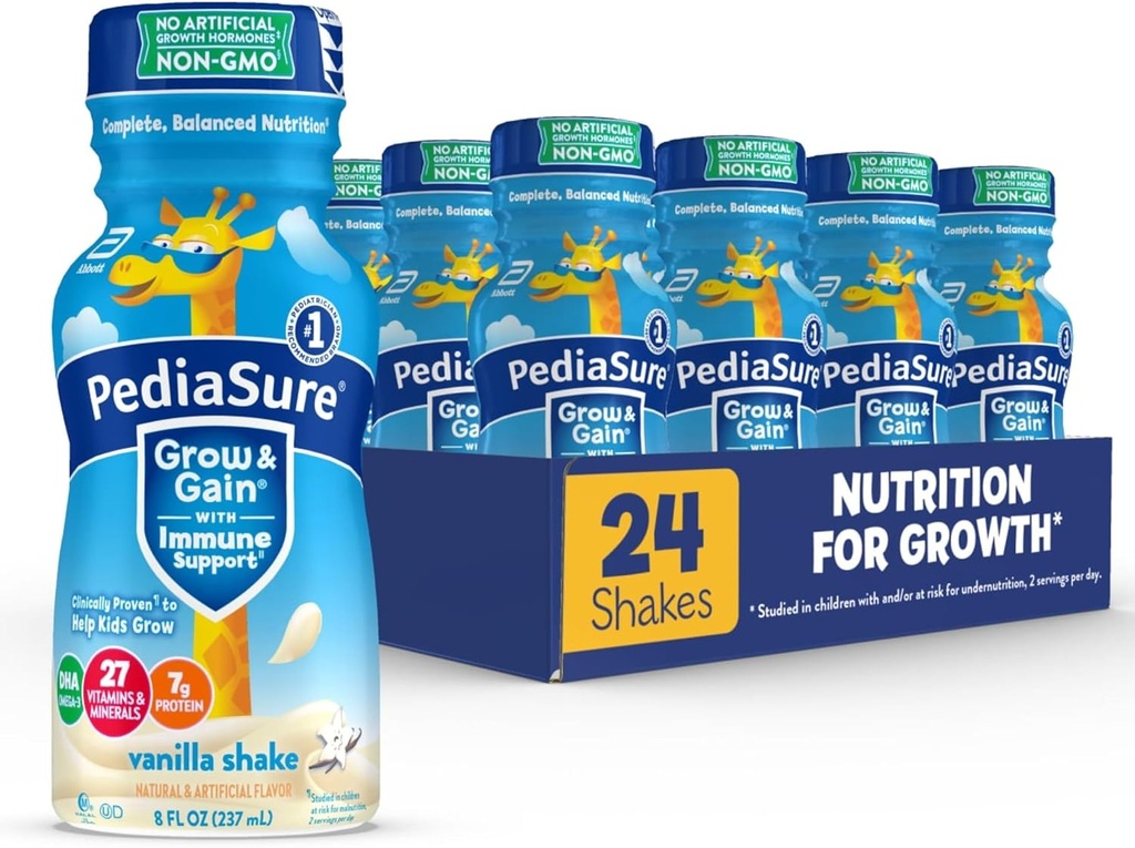 PediaSure Cresce & Guadagna con Supporto Immune, 27 Vitamine & Minerali per Bambini, 7g Proteine, Non OGM, Senza Glutine, Vaniglia, Bottiglia 8-fl-oz, Confezione da 24