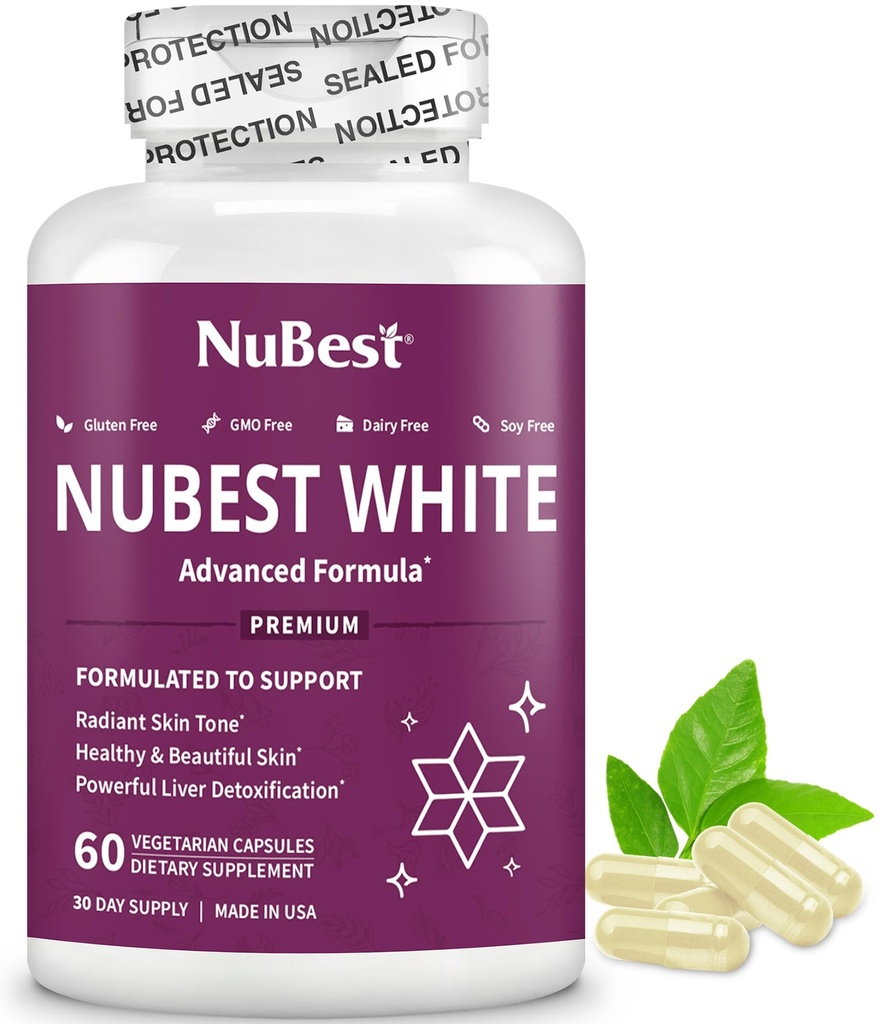 NuBest Blanc - Glutathion 400mg & Extrait de chardon de lait - Supplément d'éclaircissant de peau - Aide la peau belle et radiante - Supplément antioxydant et désintoxication