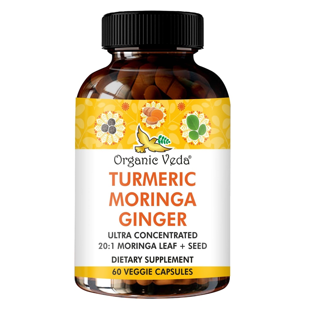 Organic Veda Turmeric Moringa Ginger Capsules - Super Antioxidants & Curcumin Supplement with 20:1 Moringa Leaf & Seed Extract, Black Pepper - Energy, Joints, Heart Health Support - 60 Vegan Pills