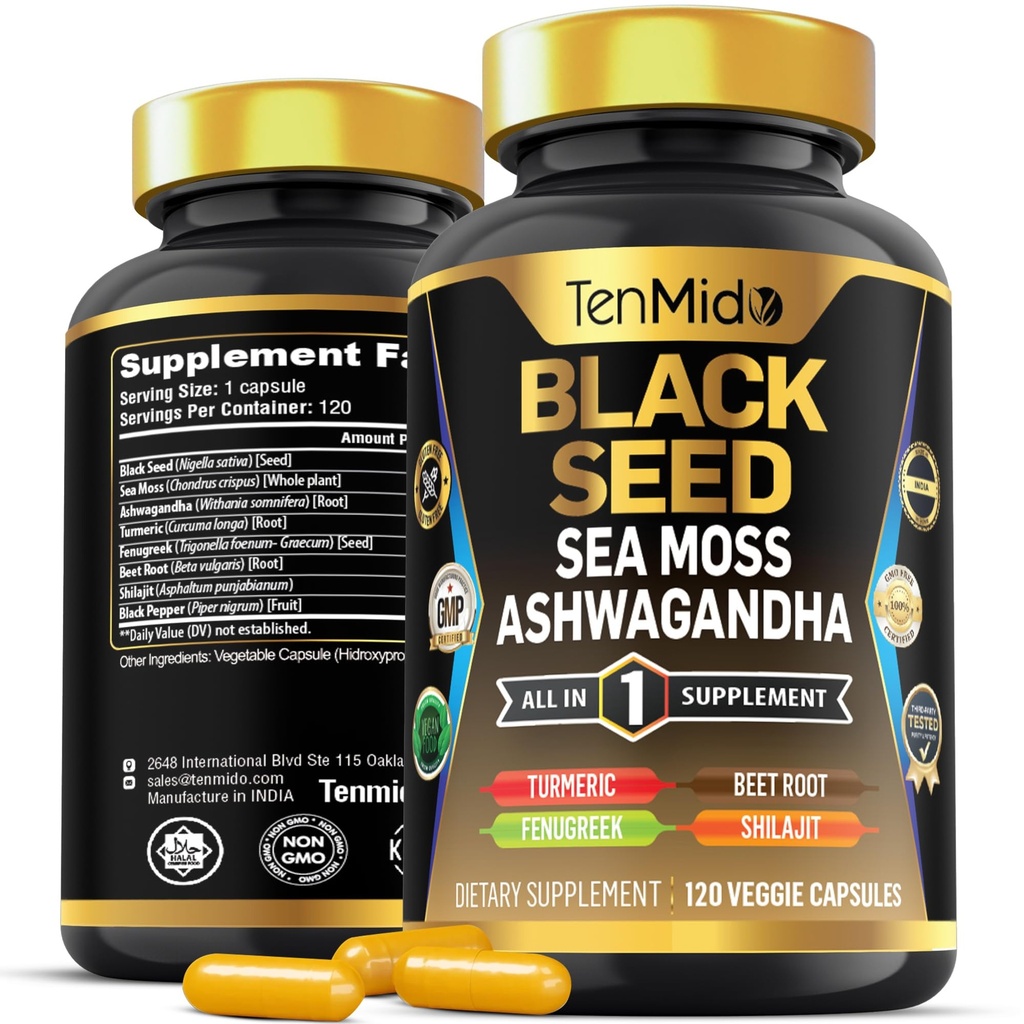 Organic Black Seed Supplement - 8in1 Formula - Combine with Sea Moss, Ashwagandha, Turmeric, Fenugreek, Beet Root, Shilajit, and Black Pepper - 120 Vegan Capsules for 4 Months Supply