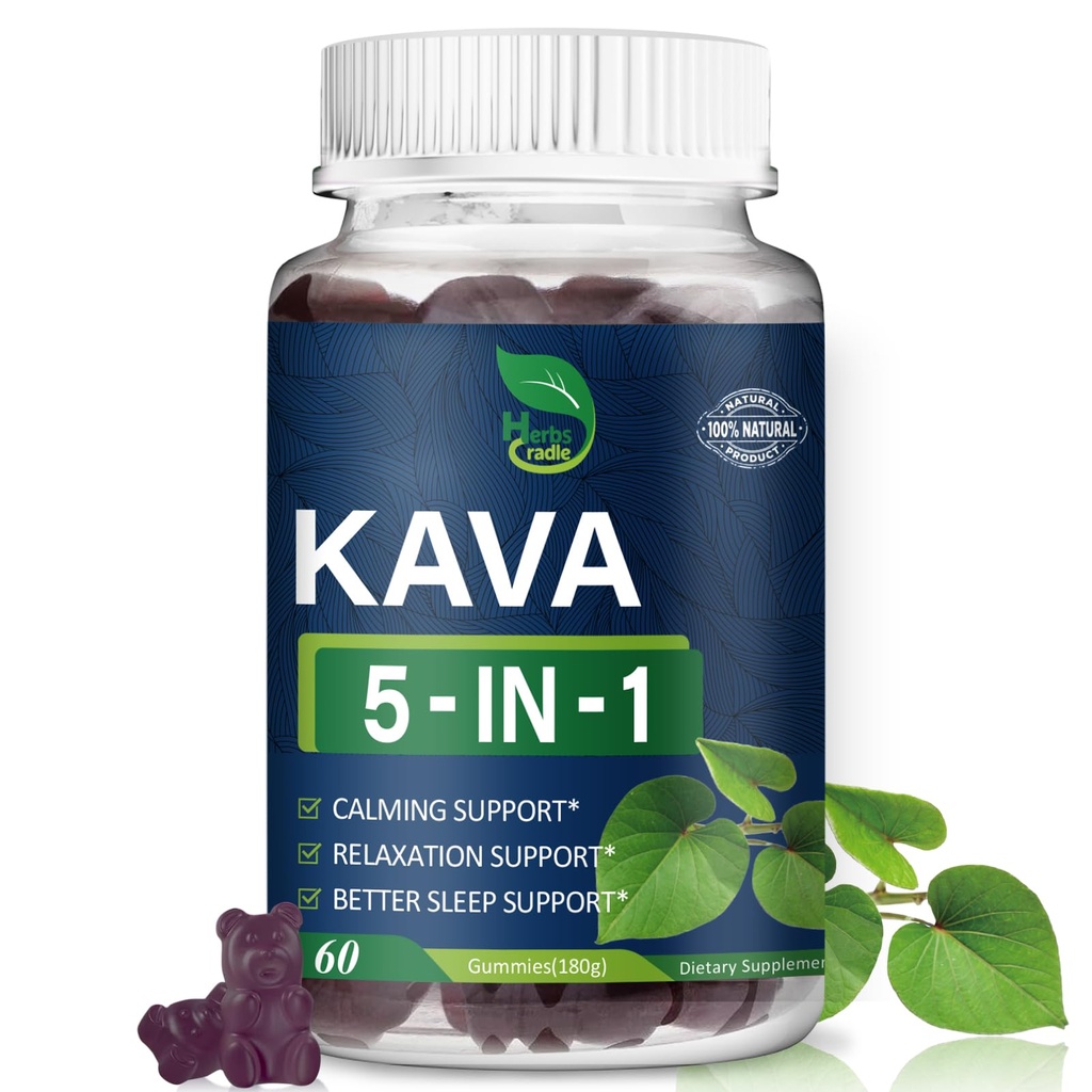 Kava Extract Gummies, 5-in-1 Herbal Blend with Valerian, Passion Flower, Chamomile and Lavender for Relaxation and Better Sleep Support, 60 Count