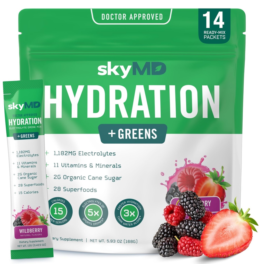 skyMD Hydration + Greens | Electrolytes Powder Packets | Low Sugar, 15 Calories | 12 Vitamins & Minerals, Sodium | 28 Superfoods for Gut Health | Wild Berry | 14 Sticks