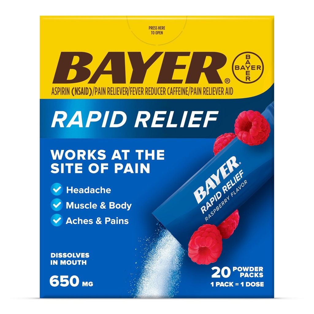 Bayer® Rapid Relief, Dissolvable Raspberry Flavor, Powder Packs with Aspirin & Caffeine, Fast Acting Headache Relief, Muscle and Body Pain Reliever, 20ct