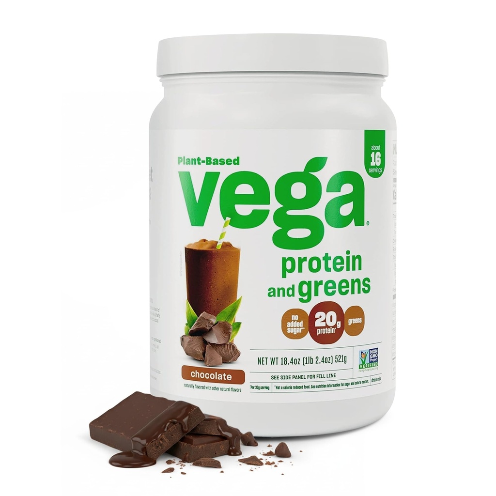 Vega Premium Protein + Supergreens, Schokolade – 20g Vegan Protein, Milch & Glutenfrei, 19,2 oz (16 Portionen)