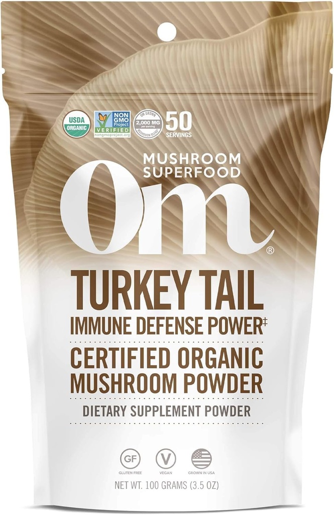 Om Mushroom Superfood Turchia Tail Organic Mushroom Powder, 3.5 Oncia, 50 Serve, Supporto immunitario, Polysacchrides, Beta-Glucans, Gut Health & Holistic Defense Mushroom Supplement