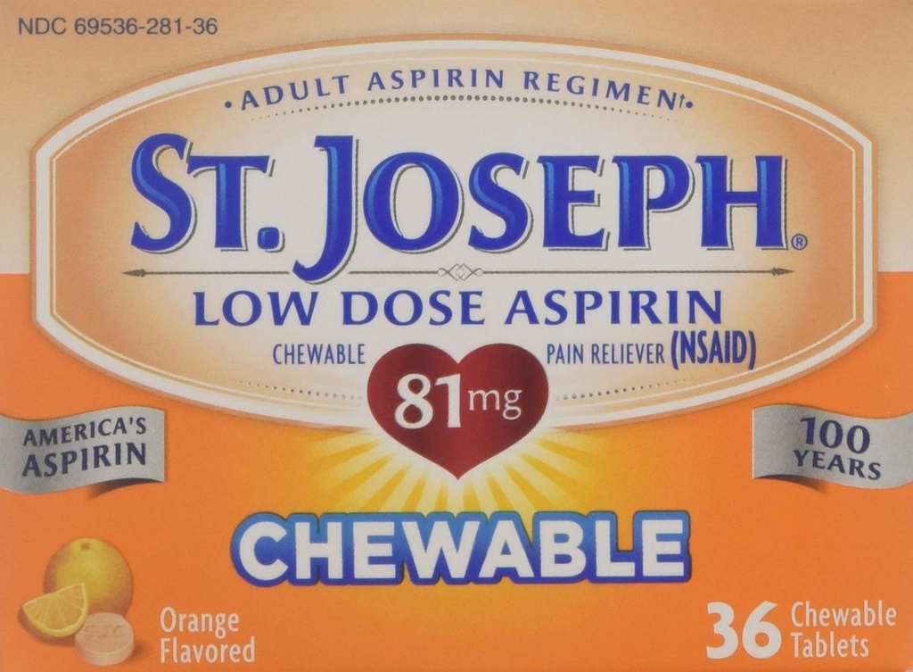 St. Joseph Orange Chewable 81mg Aspirin, 36 Tablets (Pack of 6)