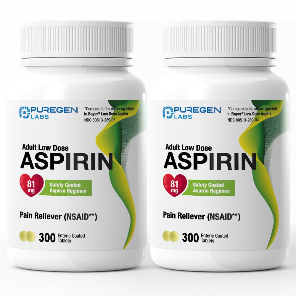 Puregen Labs Aspirin 81 mg Low Dose (NSAID) – Total 600 Enteric Coated Tablets | 2 Pack