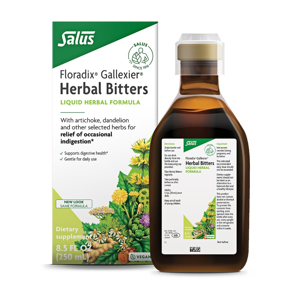 Floradix Gallexier Herbal Bitters - Digestive Support Supplement with Artichoke, Dandelion, Turmeric, Ginger & More - Liquid Formula - Easily Absorbed - Vegan, Non-GMO - 8.5 fl oz