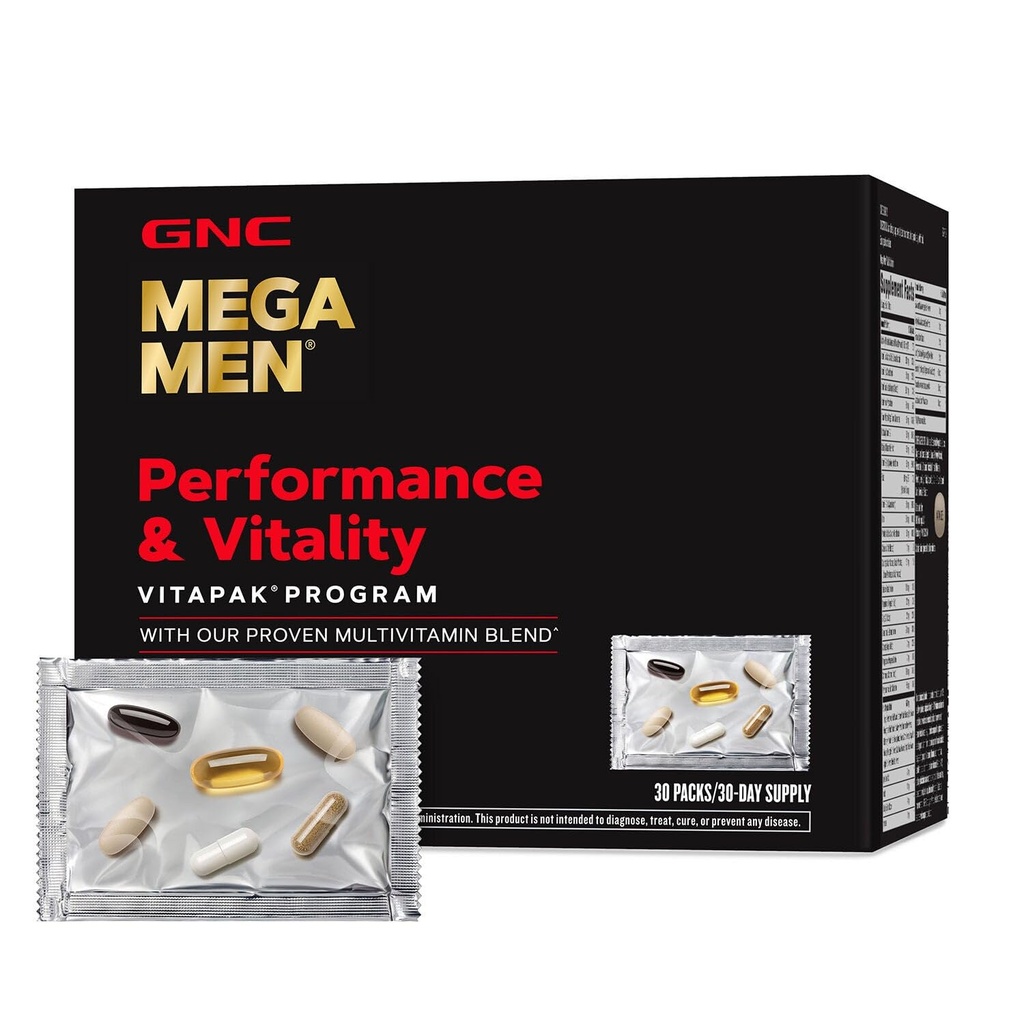 GNC Mega Men Performance and Vitality Vitapak Program, Conveniente Nutrizione completa, 5 Prodotti in 1 pacchetto, Circolazione, Flusso di sangue, Salute della prostata, Funzione sessuale, Arrapato Goat Weed, 30 pacchetti