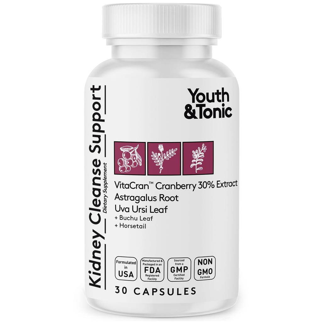 Jugend & Tonic Kidney Cleanse & Detox Ergänzung mit Cranberry Extrakt - Unterstützt Urinary Tract Gesundheit, Blase und Nierengesundheit - Vegan, Non-GMO - 30 Vegetarische Pillen