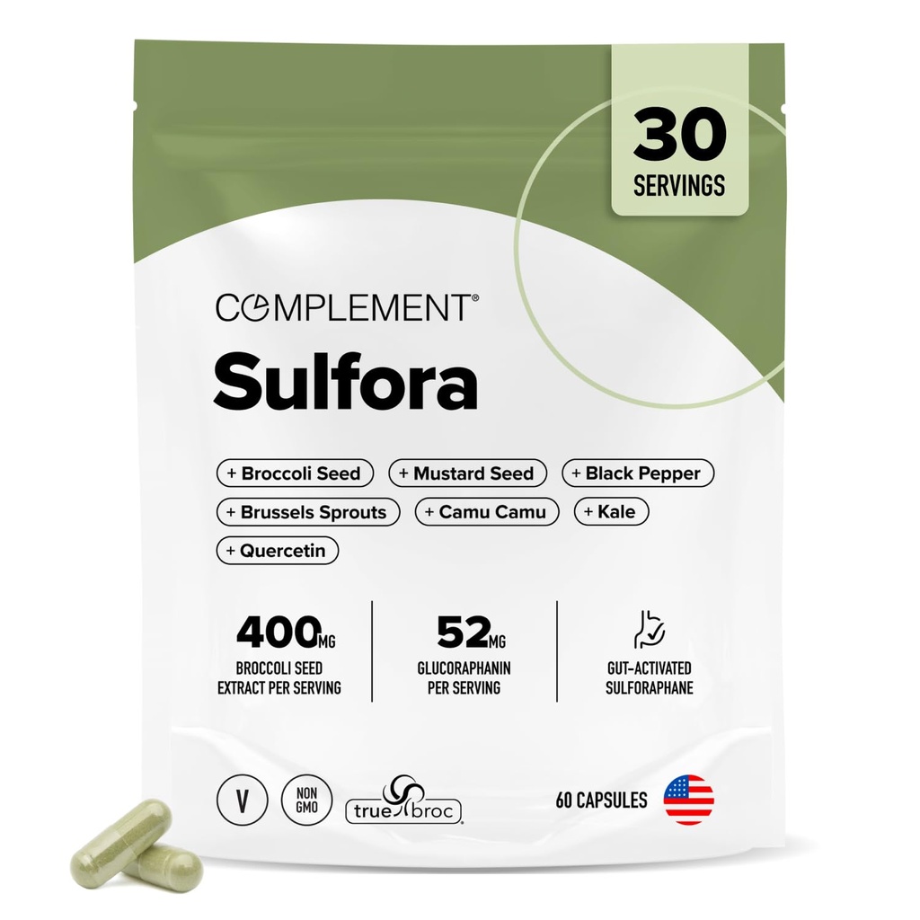 Complement Sulfora Sulforaphane Supplement with Myrosinase - 52mg Glucoraphanin from Broccoli Seeds, Kale & Quercetin - Antioxidant Detox & Immune Support - 60 Capsules, 30 Servings