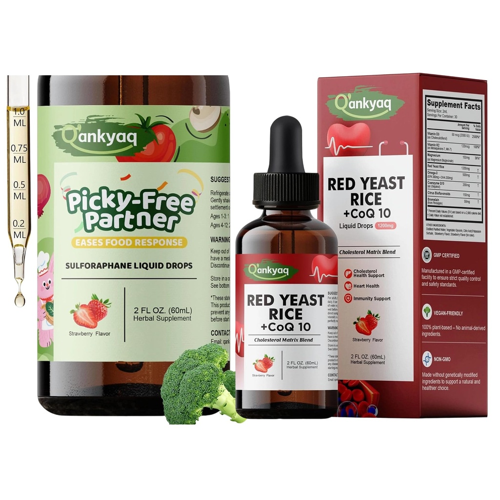 Q'ankyaq Sulforaphane Supplement for Kids, Appetite Booster, & Vegetable Nutrition Gap, Red Yeast Rice with CoQ10 Liquid Drops, 1200mg Red Rice Yeast Extract for Cholesterol Health