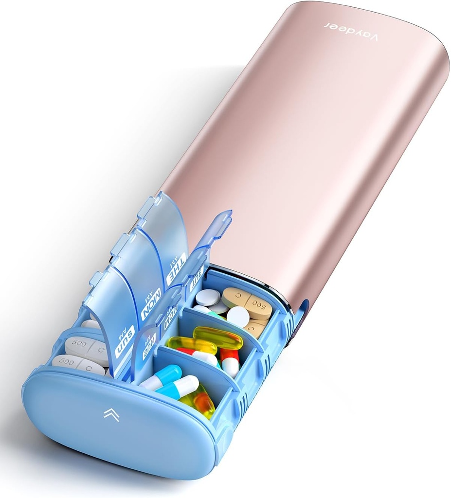 Vaydeer 7 jours organisateur hebdomadaire de pilules 2 fois par jour, cas de pilule de voyage de Pm de métal, grande capacité deux fois par jour boîte à pilules mignons pour suppléments, pilules, vitamines et médicaments (rose or)
