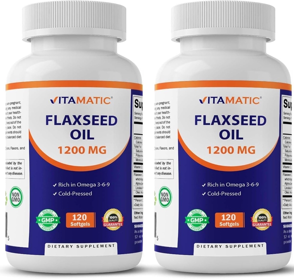 Vitamatic 2 Pack Flaxseed Oil 1200mg 120 dal semi di lino pressato a freddo - 675 mg di ALA Omega 3 acidi grassi per migliorare la salute del cuore
