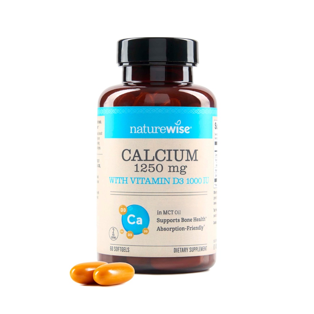 NatureWise Haute pureté, Calcium tout naturel 1250mg + Vitamine D3 1000IU + Huile de noix de coco MCT biologique - Grossesse sans danger + non-OGM - Absorption amicale, sans gluten - 60 Softgels[30 jours]