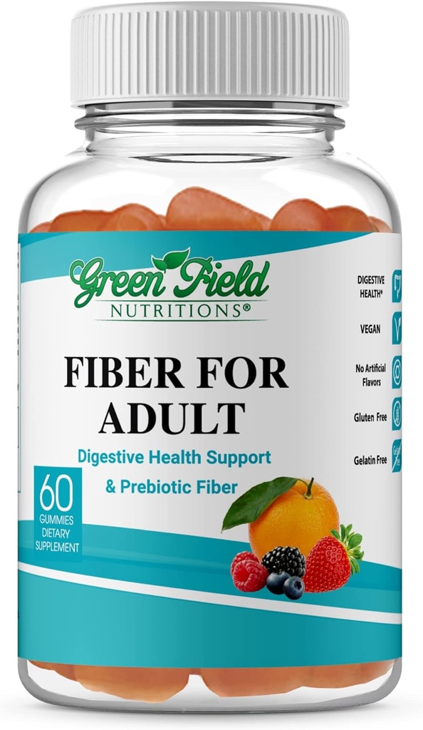 Nutritions de Greenfield : Gommies de fibre halale pour adultes à partir de chicorée soluble prébiotique pour le soutien digestif et gluant, soutien immunitaire, non-OGM, sans gélatine, sans gluten 60 comtes, vitamines halales