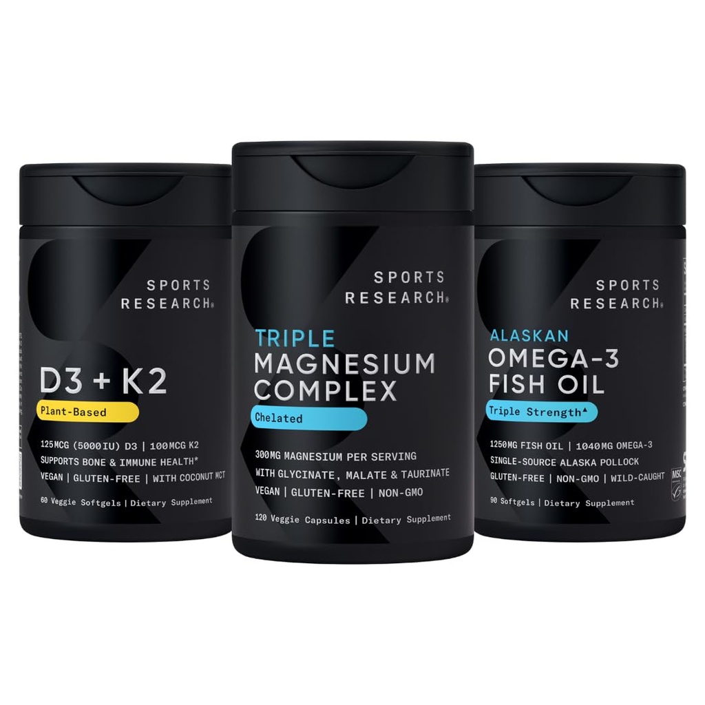 Sports Research® Multivitamin Pack - Chelated Triple Magnesium Complex 300mg, Vitamin D3 5000iu + K2 100mcg, and Alaskan Omega-3 Fish Oil 1250mg