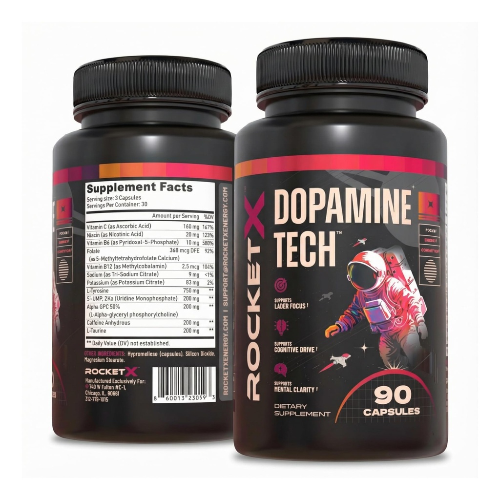 RocketX Dopamine Tech Brain Food Supplement, with L-Tyrosine and B Vitamins for Focus, Mental Clarity and Cognitive Drive, Vegan Capsules, 90 Capsules