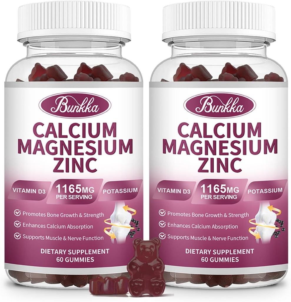 Calcium Magnesium Zink-Gummien mit Magnesium-Glycinat 200mg, Kalium, D3, Sea Moss, Calm Mood & Sleep Support- Kinder & Erwachsene 2 Pack
