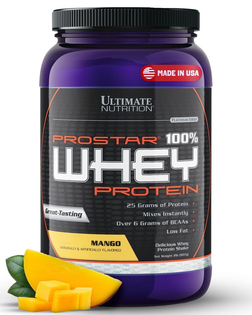 Ultimate Nutrition Prostar Whey Protein Powder Isolate, Mango - Low Carb, High Protein Powder Shake for Muscle Gain & Recovery - Low Sodium, Low-Fat & Keto Friendly - 2 lbs Tub