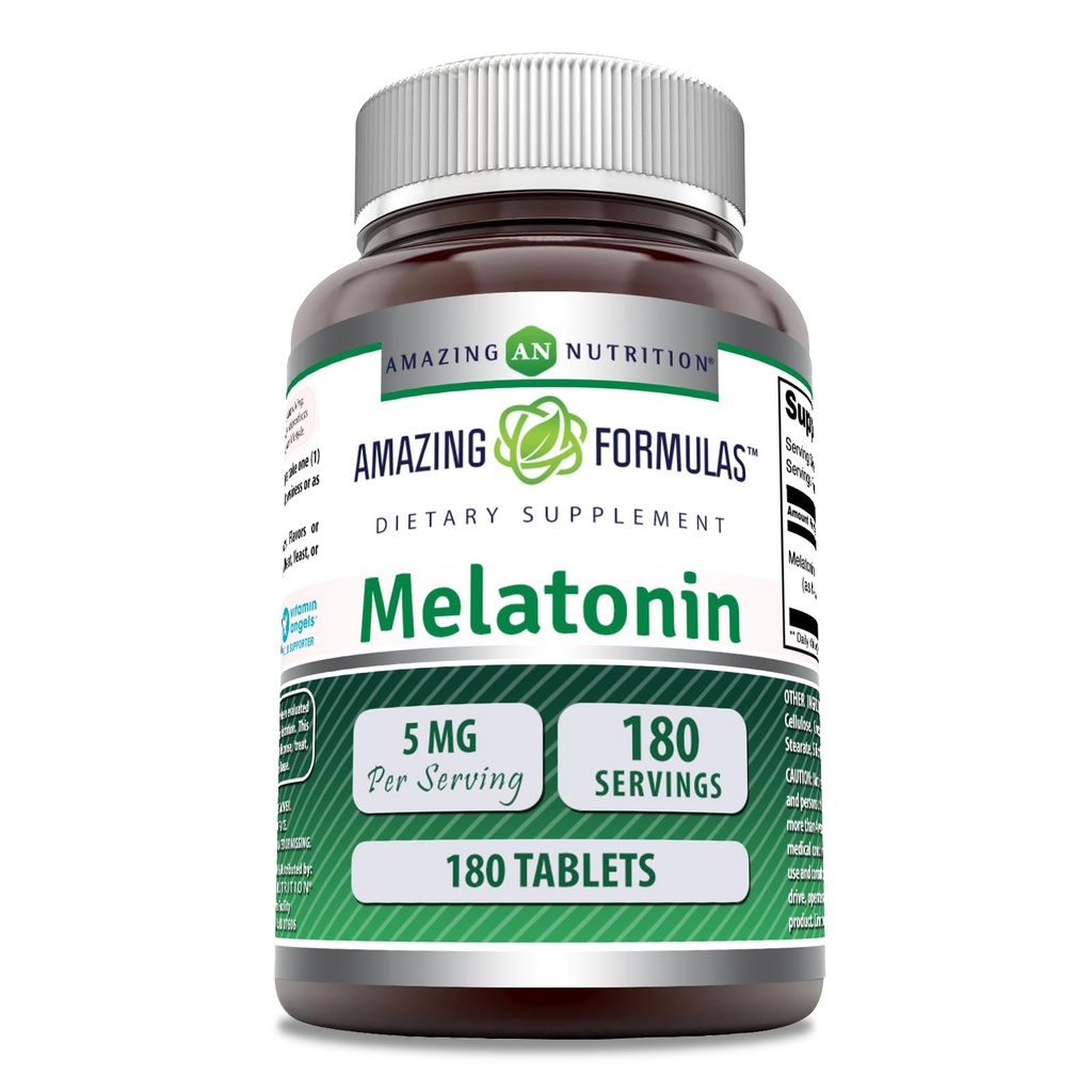 Amazing Formulas Melatonin Supplement | Unflavored | 5 Mg | 180 compresse | Non-GMO | Gluten Free | Made in USA