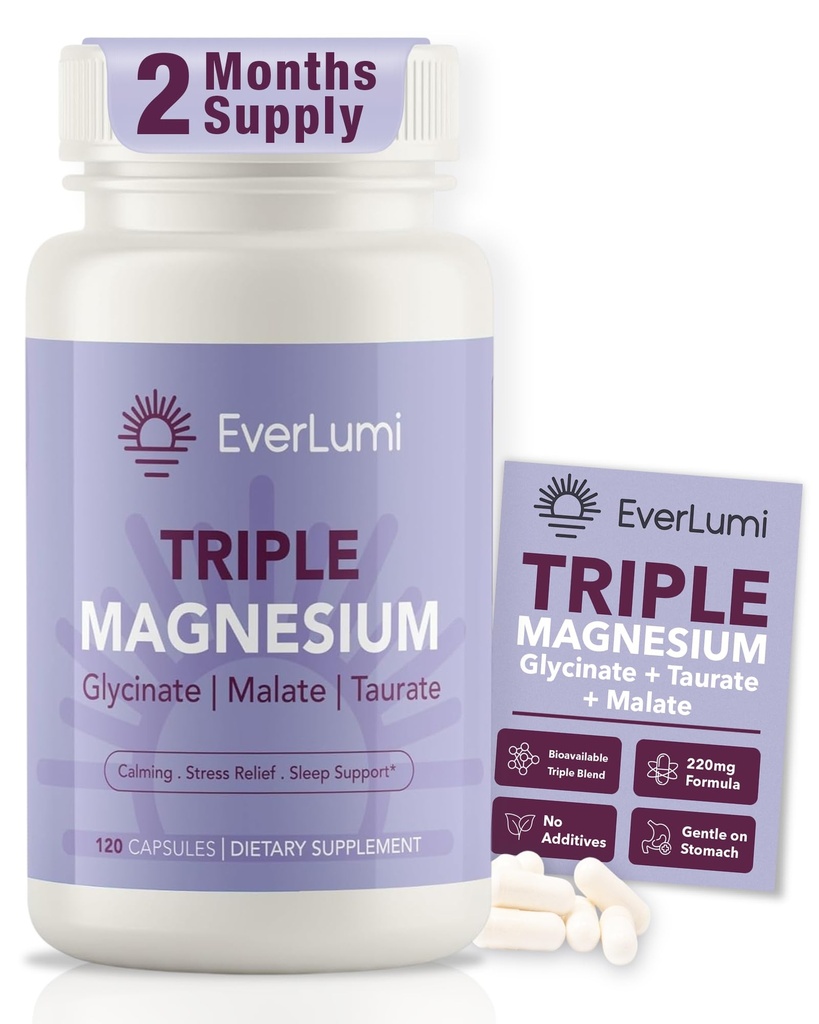Triple Magnesium Complex - Magnesium Glycinate, Taurate & Malate Blend for Heart Health, Energy & Calm - Sleep Support, Stress Relief & Muscle Comfort - 120 Capsules (2-Month Supply)