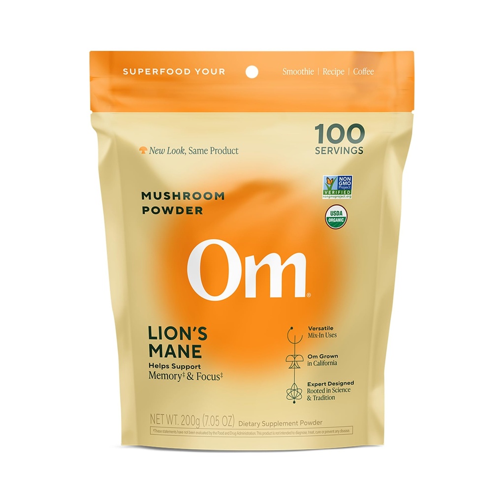 Om Lion’s Mane Mushroom Powder - Organic Mushroom Supplement and Nootropic - Support Memory, Focus and Nerve Health, 7.05 oz (100 Serve)