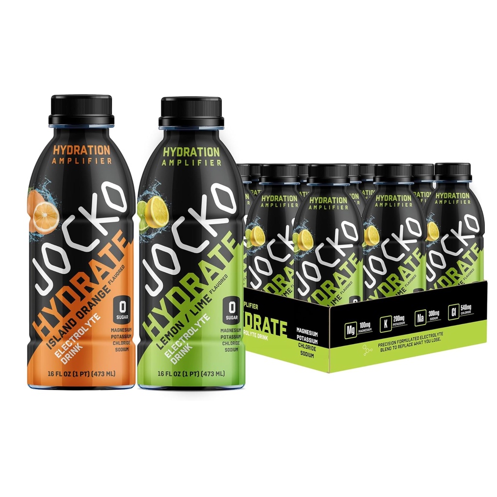 Jocko Fuel Hydrate Electrolyte Drinks - Sports Hydration Amplifier - Scientifically Formulated Electrolyte Blend Island Orange + Lemon-Lime 16 Oz (24 Pack)