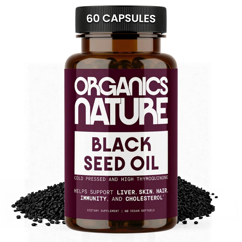 ORGANICS NATURE Black Seed Oil Capsules 1000MG Per Serving Vegan Softgels, Haar, Haut, &amp; Herz-Unterstützung, Nigella Sativa - 100% Cold Pressed Cumin Seed Oil Capsules High Thymoquinone, Omega 3s