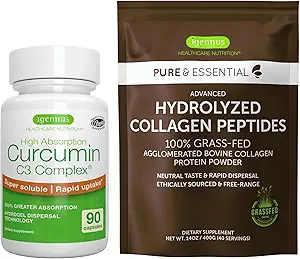 Poudre de collagène à base de viande bovine 100 % herbeuse + haute absorption Curcumine C3 complexe Sport & Recovery Bundle, 300 % plus grande absorption Curcuminoïdes avec prise rapide, par Igennus