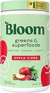 Bloom Nutrition Superfood Greens Powder, Enzimi Digestivi con Probiotici e Prebiotici, Salute Gut, Bloating Relief per le donne, clorella, succo verde Mix con polvere di radice di barbabietola, 25 SVG, sidro di mela