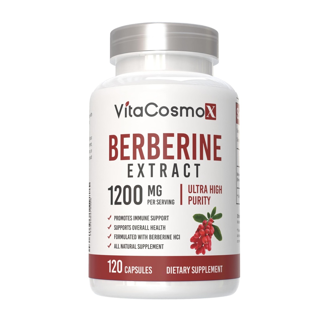 Berberine HCL Supplement, 1200 mg, 240 Veggie Capsules - Gluten Free & Non-GMO (120 Count (Pack of 1))