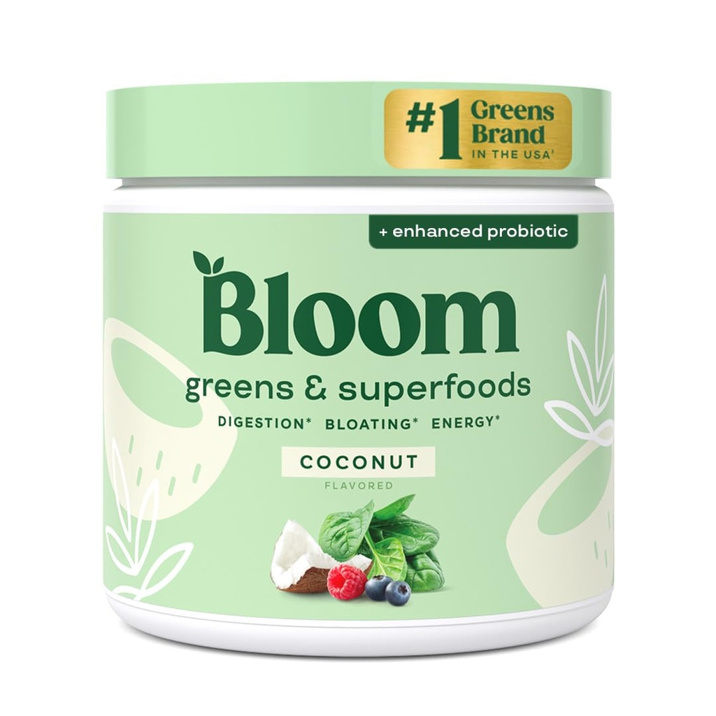 Bloom Nutrition Superfood Greens Powder, Digestive Enzyme mit Probiotika und Präbiotika, Gut Health, Bloating Relief für Frauen, Chlorella, Green Juice Mix mit Rübenwurzelpulver, 30 SVG, Coconut