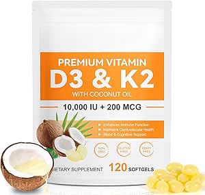 120 Softgels Vitamine D3 K2 10000IU 200MCG - Huile de noix de coco - Soutien Immune, Santé cardiaque - Maintien de la santé cardiovasculaire - Absorption supérieure- Facile à avaler