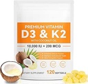 120 Softgels Vitamine D3 K2 10000IU 200MCG - Huile de noix de coco - Soutien Immune, Santé cardiaque - Maintien de la santé cardiovasculaire - Absorption supérieure- Facile à avaler