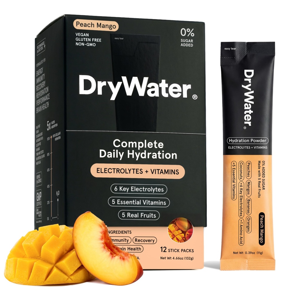 DryWater® Electrolyte + Vitamin Hydration Powder Packets – Peach Mango, 1,000mg Potassium, Real Organic Fruit, NSF Certified for Sport, Nothing Artificial, No Added Sugar (12 Stick Packs)