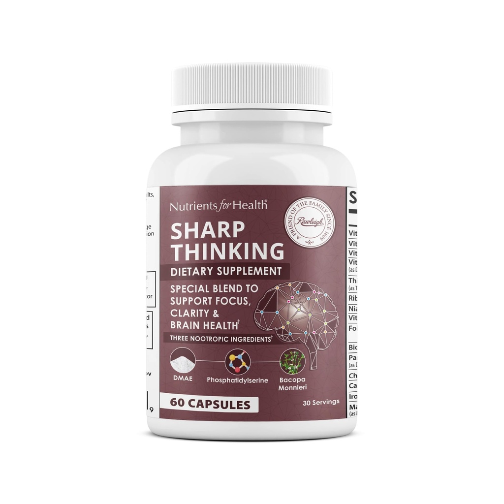 Rawleigh Sharp Thinking: 60 Capsules, Brain Supplement for Focus, Mental Clarity, Memory & Cognitive Improvement with Nootropics, DMAE Bitartrate, Phosphatidylserine, DHA & Vitamins A, D, E, B-Complex