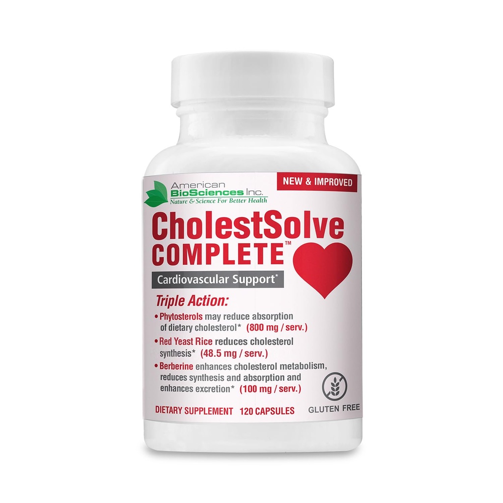 CholestSolve Complete Cholesterol Support Supplement with Plant Sterols 800mg, Red Yeast Rice, Berberine & Phytosterols - Cardiovascular Heart Health Support, Gluten Free, 120 Capsules